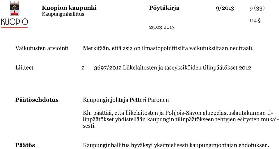 Liitteet 2 3697/2012 Liikelaitosten ja taseyksiköiden tilinpäätökset 2012 Kaupunginjohtaja Petteri Paronen Kh.