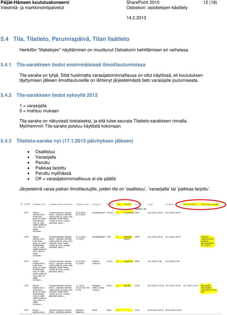 2 Tila-sarakkeen tiedot syksyllä 2012 1 = varasijalla 0 = mahtuu mukaan Tila-sarake on näkyvissä toistaiseksi, ja sitä tulee seurata Tilatieto-sarakkeen rinnalla.