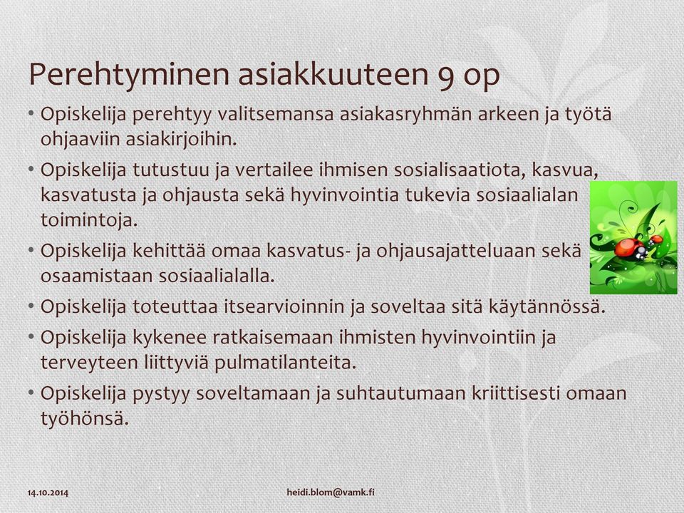 Opiskelija kehittää omaa kasvatus- ja ohjausajatteluaan sekä osaamistaan sosiaalialalla.