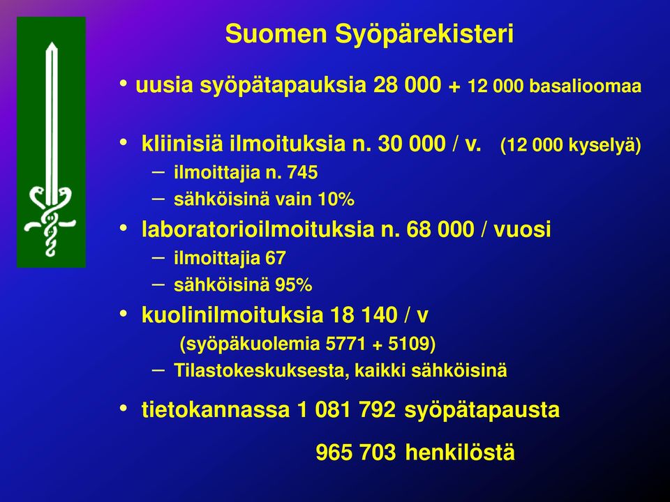 68 000 / vuosi ilmoittajia 67 sähköisinä 95% kuolinilmoituksia 18 140 / v (syöpäkuolemia 5771 +