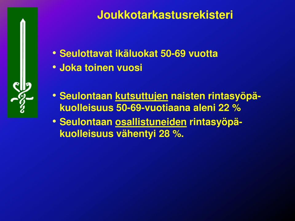 rintasyöpäkuolleisuus 50-69-vuotiaana aleni 22 %