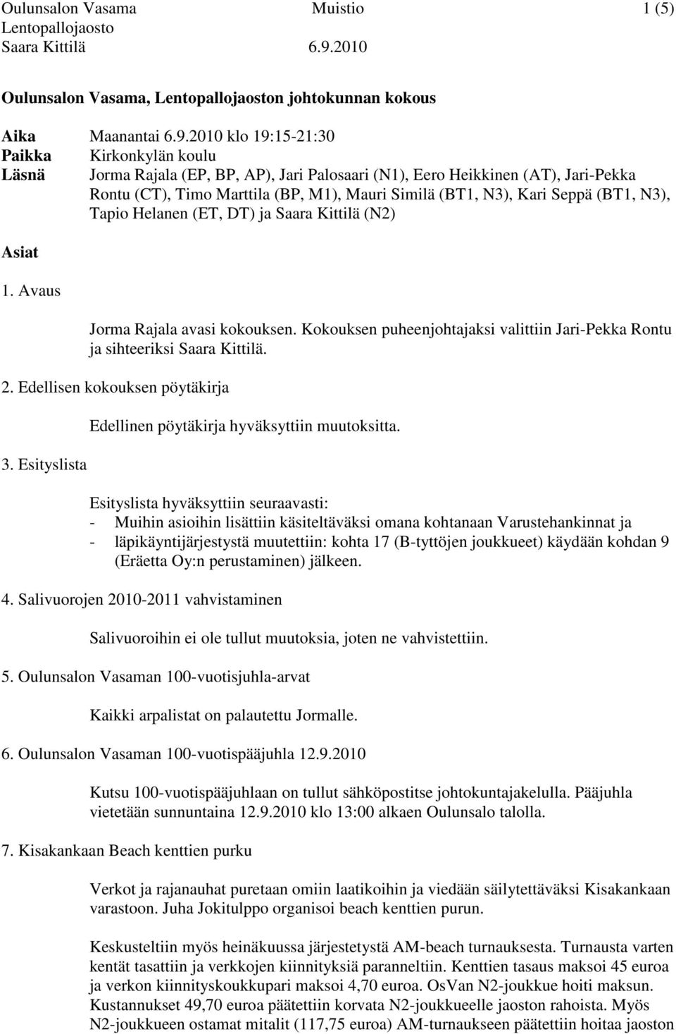 Seppä (BT1, N3), Tapio Helanen (ET, DT) ja Saara Kittilä (N2) Asiat 1. Avaus Jorma Rajala avasi kokouksen. Kokouksen puheenjohtajaksi valittiin Jari-Pekka Rontu ja sihteeriksi Saara Kittilä. 2.