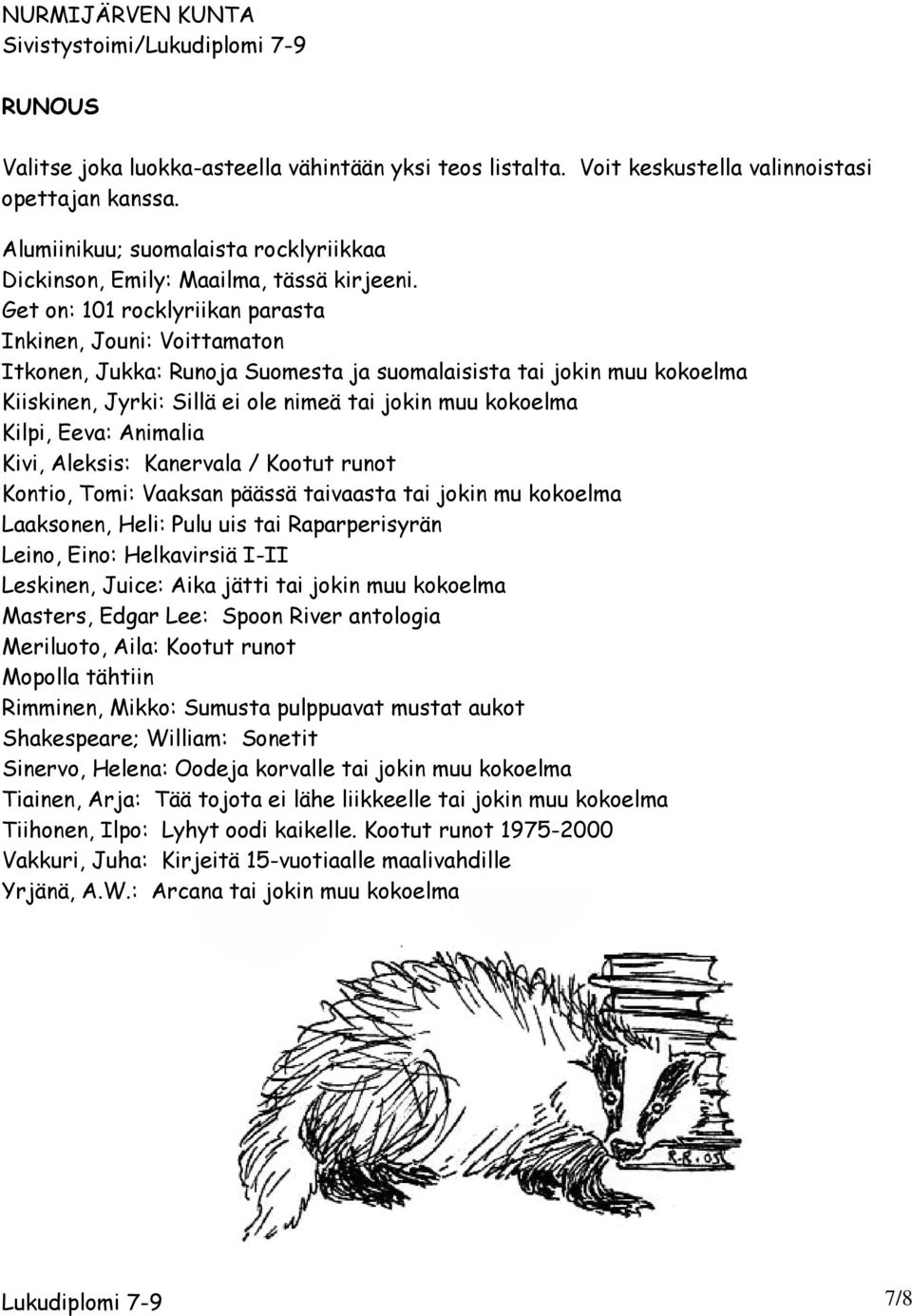 Eeva: Animalia Kivi, Aleksis: Kanervala / Kootut runot Kontio, Tomi: Vaaksan päässä taivaasta tai jokin mu kokoelma Laaksonen, Heli: Pulu uis tai Raparperisyrän Leino, Eino: Helkavirsiä I-II