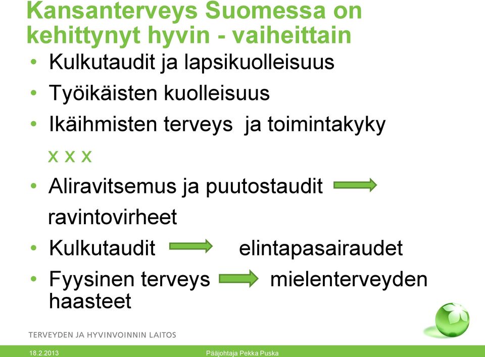 terveys ja toimintakyky x x x Aliravitsemus ja puutostaudit