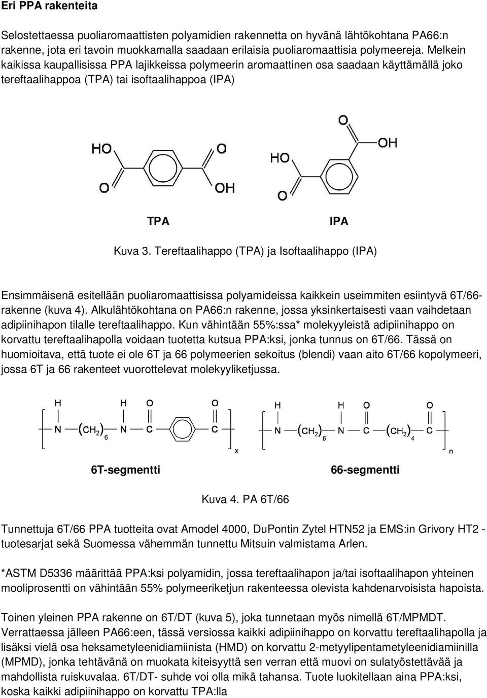 Tereftaalihappo (TPA) ja Isoftaalihappo (IPA) Ensimmäisenä esitellään puoliaromaattisissa polyamideissa kaikkein useimmiten esiintyvä 6T/66- rakenne (kuva 4).