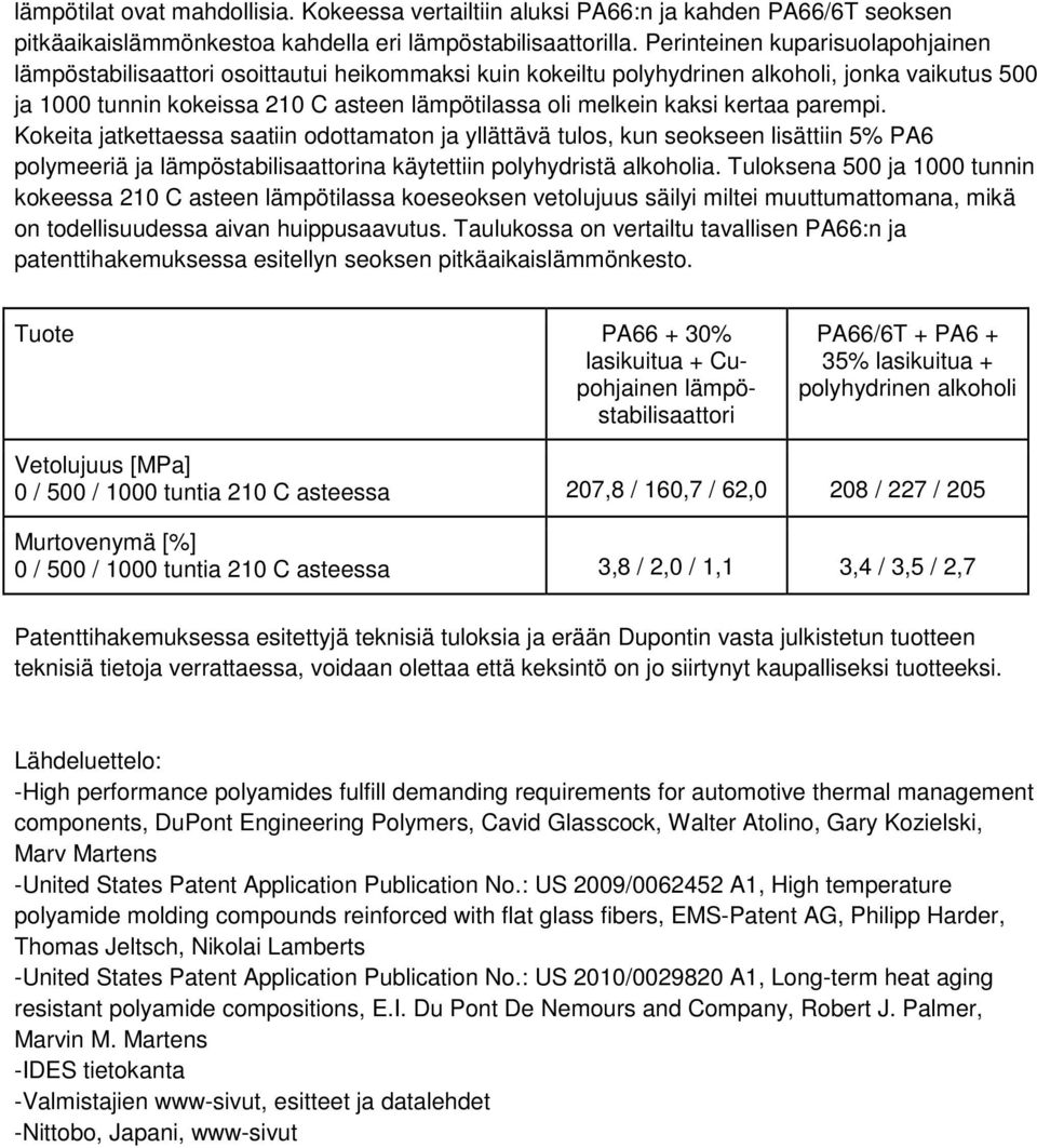 kaksi kertaa parempi. Kokeita jatkettaessa saatiin odottamaton ja yllättävä tulos, kun seokseen lisättiin 5% PA6 polymeeriä ja lämpöstabilisaattorina käytettiin polyhydristä alkoholia.