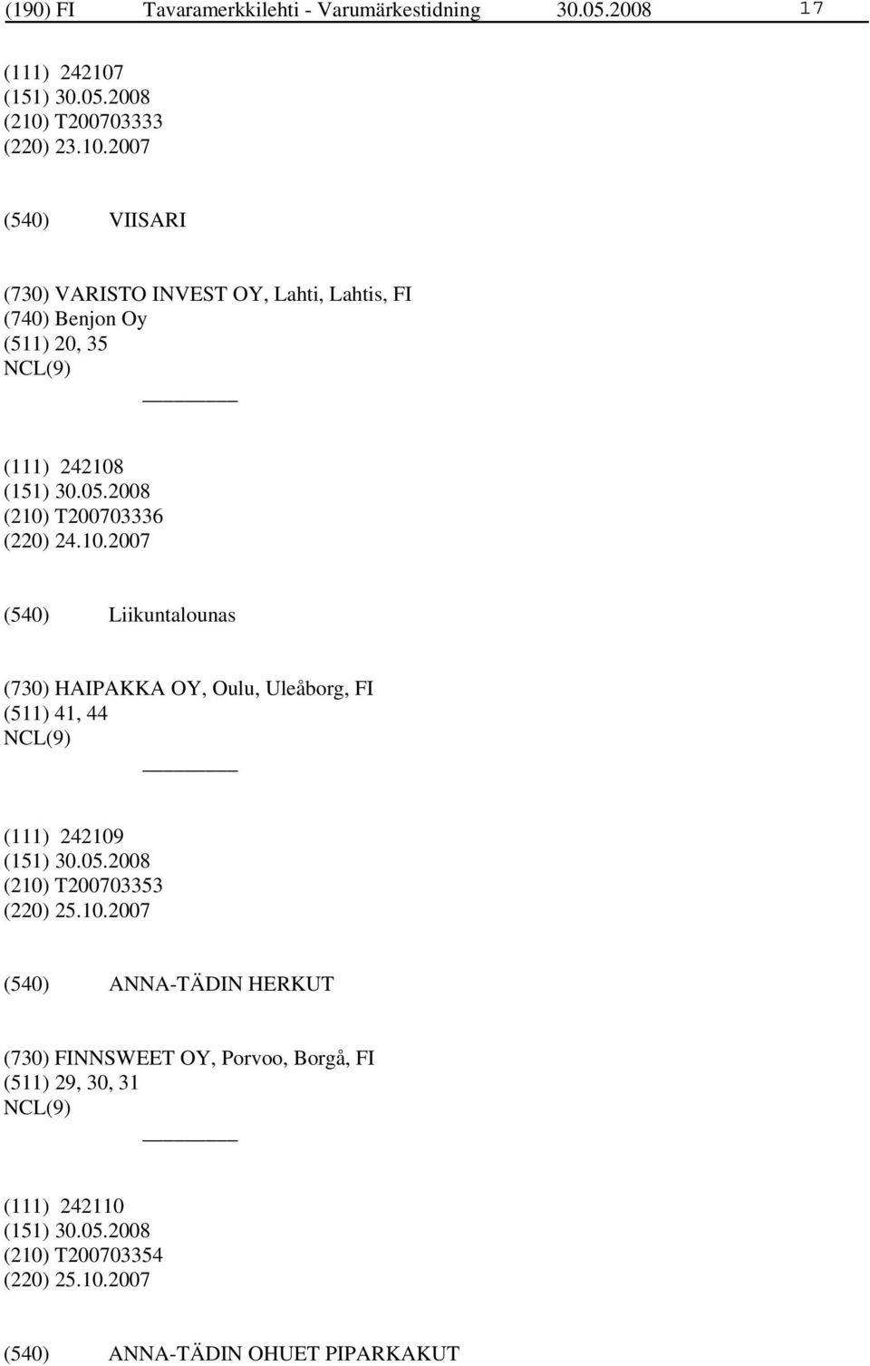 242108 (210) T200703336 (220) 24.10.2007 Liikuntalounas (730) HAIPAKKA OY, Oulu, Uleåborg, FI (511) 41, 44 (111) 242109 (210) T200703353 (220) 25.
