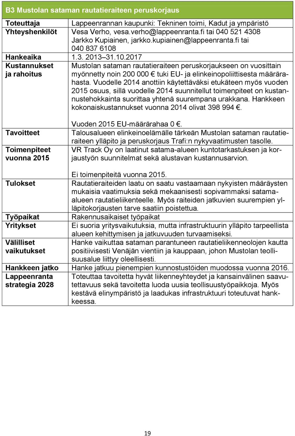 Hankeaika 1.3. 2013 31.10.2017 Kustannukset Mustolan sataman rautatieraiteen peruskorjaukseen on vuosittain myönnetty noin 200 000 tuki EU- ja elinkeinopoliittisesta määrärahasta.