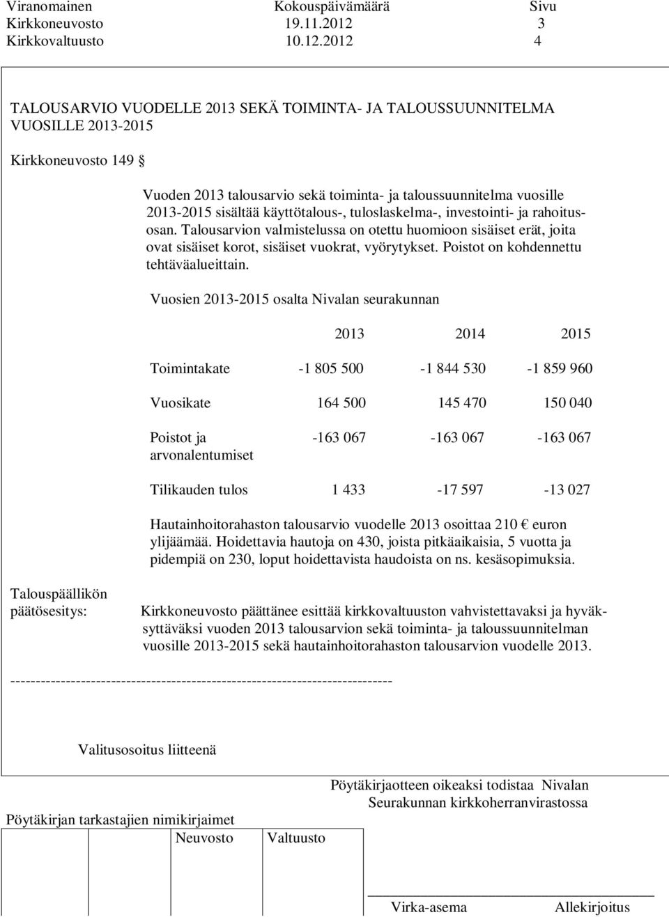 2012 4 TALOUSARVIO VUODELLE 2013 SEKÄ TOIMINTA- JA TALOUSSUUNNITELMA VUOSILLE 2013-2015 Kirkkoneuvosto 149 Vuoden 2013 talousarvio sekä toiminta- ja taloussuunnitelma vuosille 2013-2015 sisältää