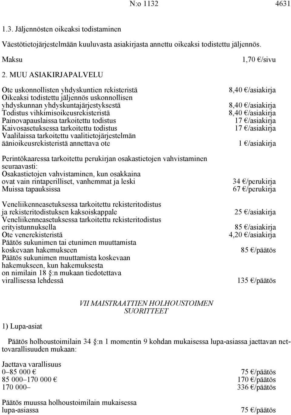 Painovapauslaissa tarkoitettu todistus Kaivosasetuksessa tarkoitettu todistus Vaalilaissa tarkoitettu vaalitietojärjestelmän äänioikeusrekisteristä annettava ote Perintökaaressa tarkoitettu