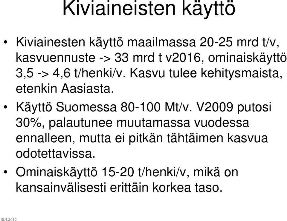 Käyttö Suomessa 80-100 Mt/v.