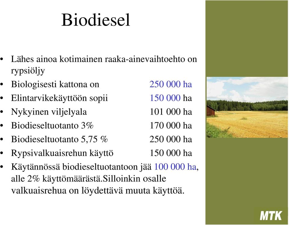 Biodieseltuotanto 5,75 % 250 000 ha Rypsivalkuaisrehun käyttö 150 000 ha Käytännössä