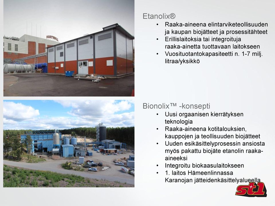litraa/yksikkö Bionolix -konsepti Uusi orgaanisen kierrätyksen teknologia Raaka-aineena kotitalouksien, kauppojen ja