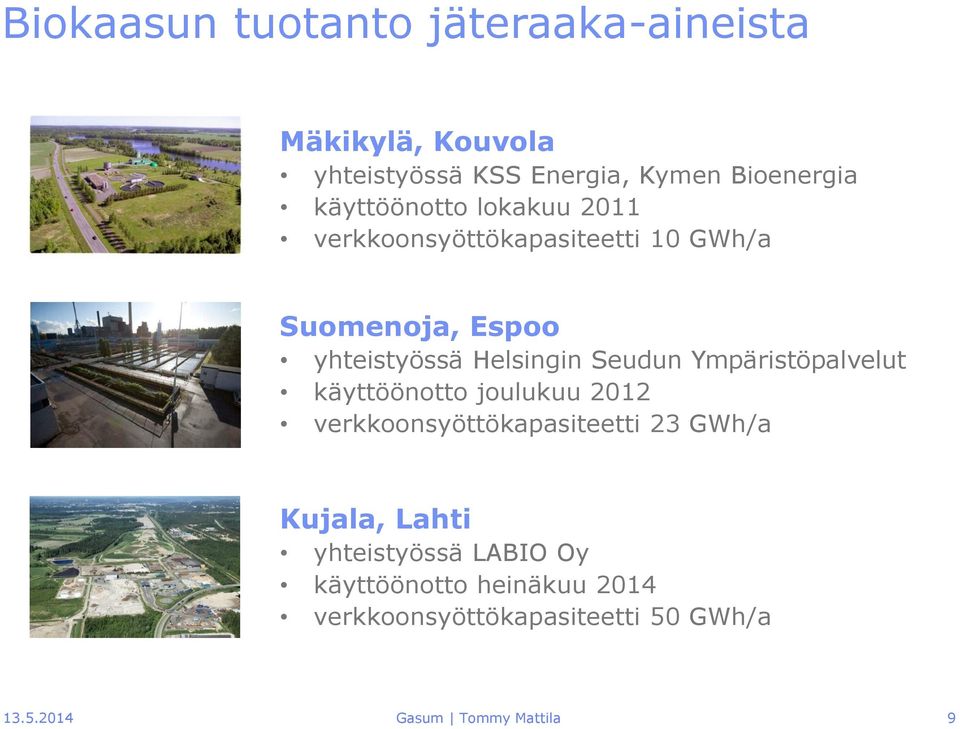 Seudun Ympäristöpalvelut käyttöönotto joulukuu 2012 verkkoonsyöttökapasiteetti 23 GWh/a Kujala, Lahti