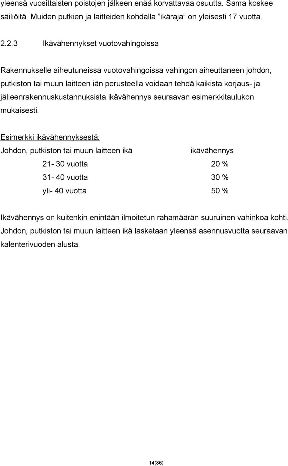 jälleenrakennuskustannuksista ikävähennys seuraavan esimerkkitaulukon mukaisesti.