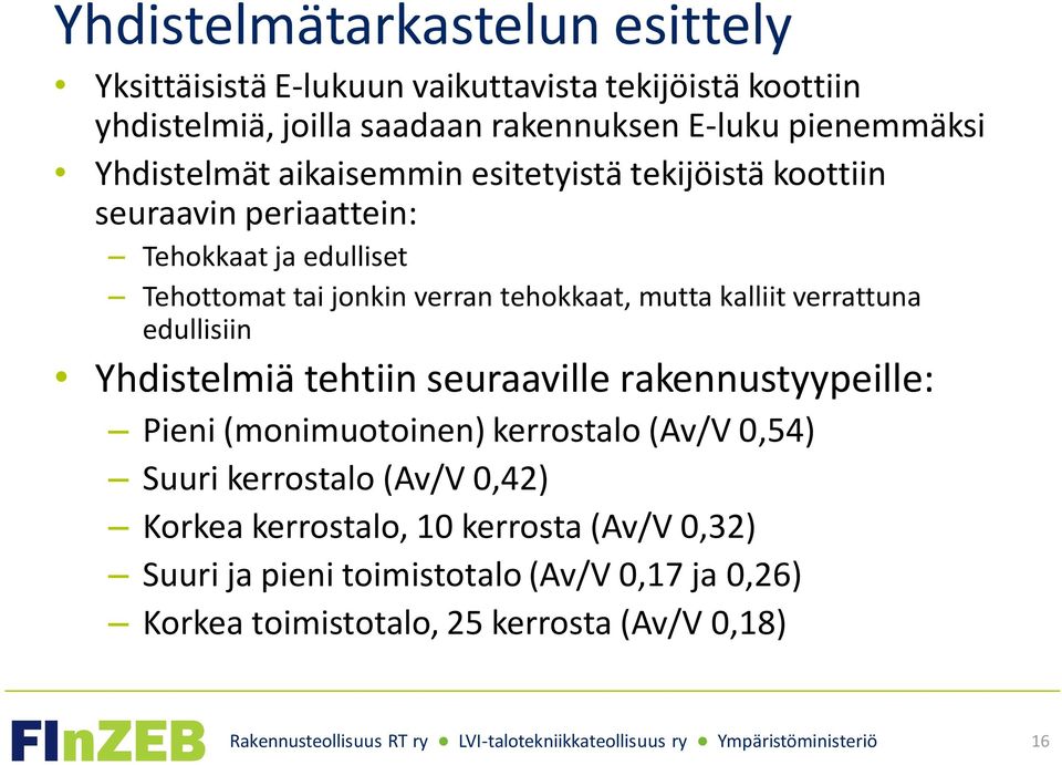 mutta kalliit verrattuna edullisiin Yhdistelmiä tehtiin seuraaville rakennustyypeille: Pieni (monimuotoinen) kerrostalo (Av/V 0,54) Suuri