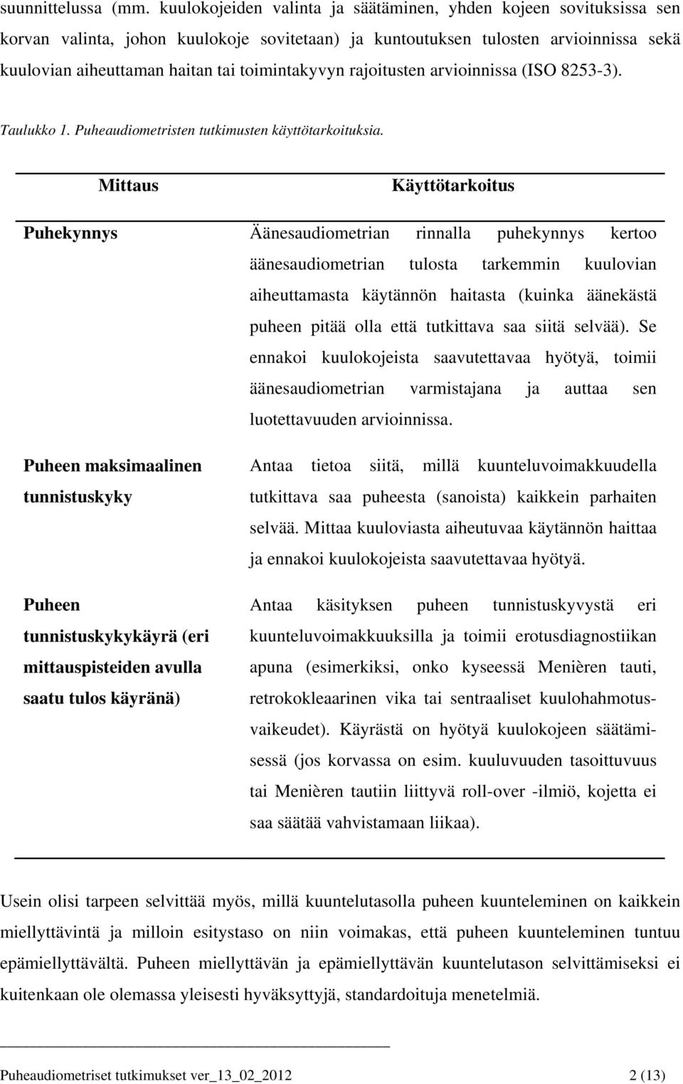 toimintakyvyn rajoitusten arvioinnissa (ISO 8253-3). Taulukko 1. Puheaudiometristen tutkimusten käyttötarkoituksia.