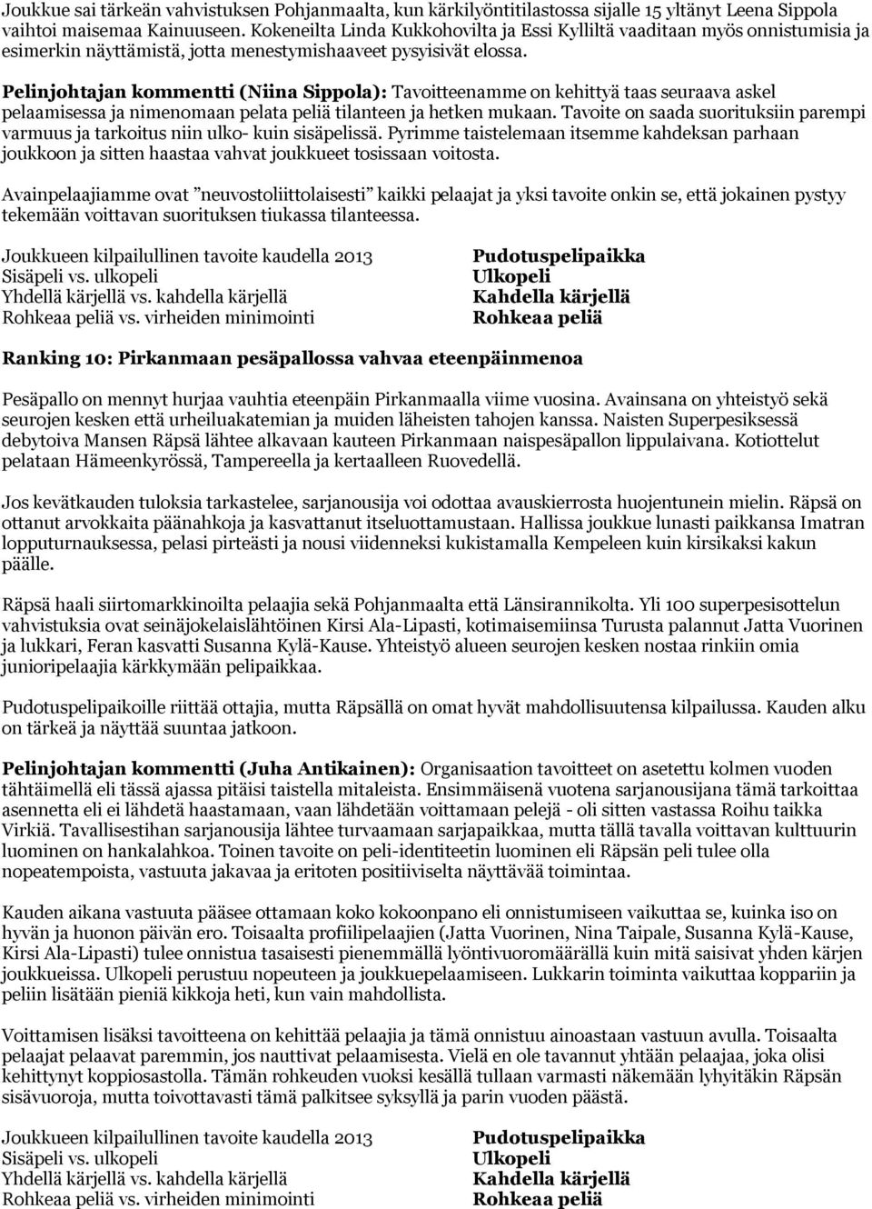 Pelinjohtajan kommentti (Niina Sippola): Tavoitteenamme on kehittyä taas seuraava askel pelaamisessa ja nimenomaan pelata peliä tilanteen ja hetken mukaan.