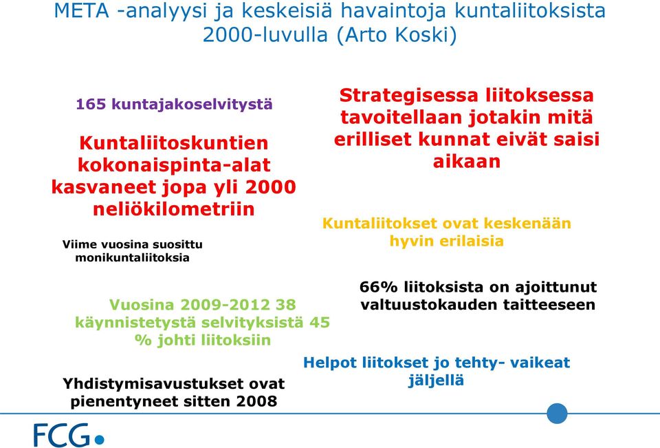 kunnat eivät saisi aikaan Kuntaliitokset ovat keskenään hyvin erilaisia Vuosina 2009-2012 38 käynnistetystä selvityksistä 45 % johti liitoksiin