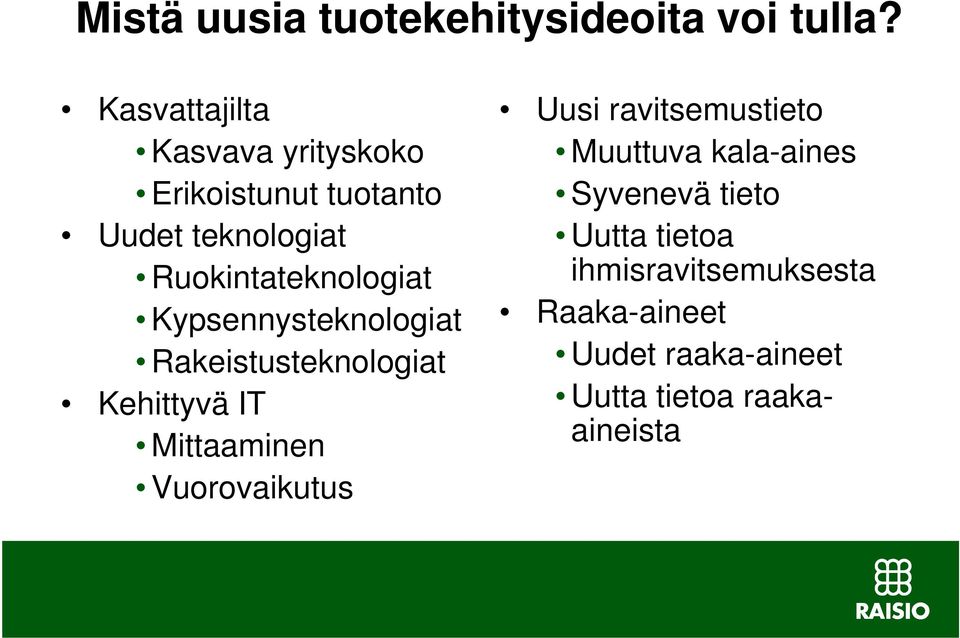 Ruokintateknologiat Kypsennysteknologiat Rakeistusteknologiat Kehittyvä IT Mittaaminen