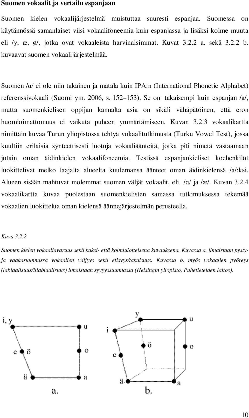 kuvaavat suomen vokaalijärjestelmää. Suomen /ɑ/ ei ole niin takainen ja matala kuin IPA:n (International Phonetic Alphabet) referenssivokaali (Suomi ym. 2006, s. 152 153).