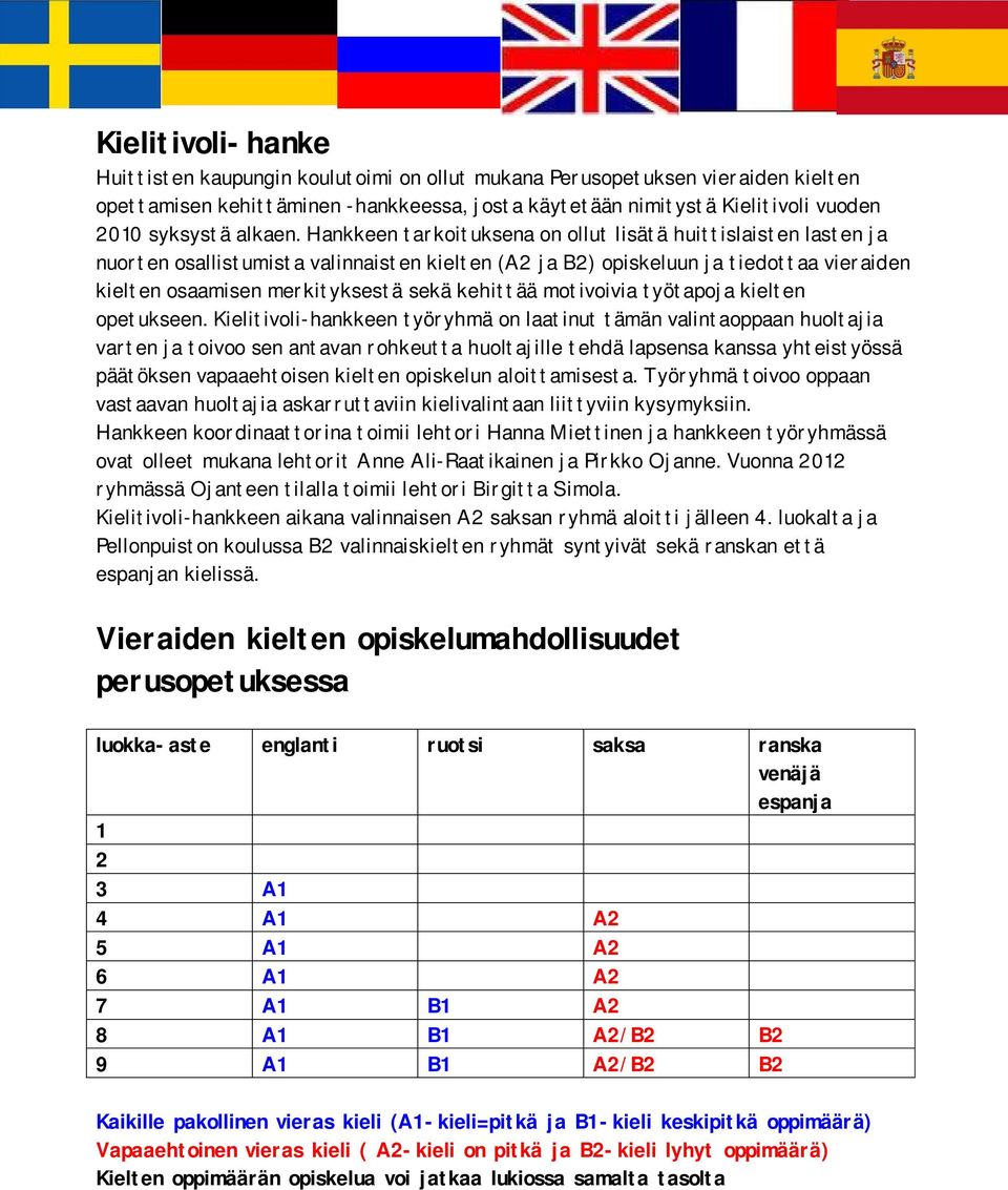 Hankkeen tarkoituksena on ollut lisätä huittislaisten lasten ja nuorten osallistumista valinnaisten kielten (A2 ja B2) opiskeluun ja tiedottaa vieraiden kielten osaamisen merkityksestä sekä kehittää