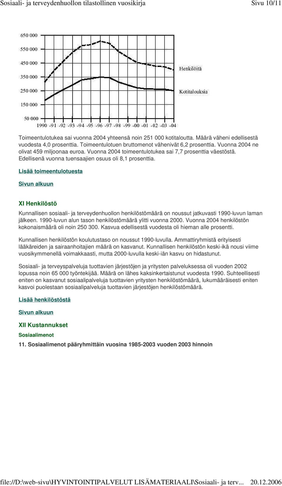 Lisää toimeentulotuesta XI Henkilöstö Kunnallisen sosiaali- ja terveydenhuollon henkilöstömäärä on noussut jatkuvasti 1990-luvun laman jälkeen.