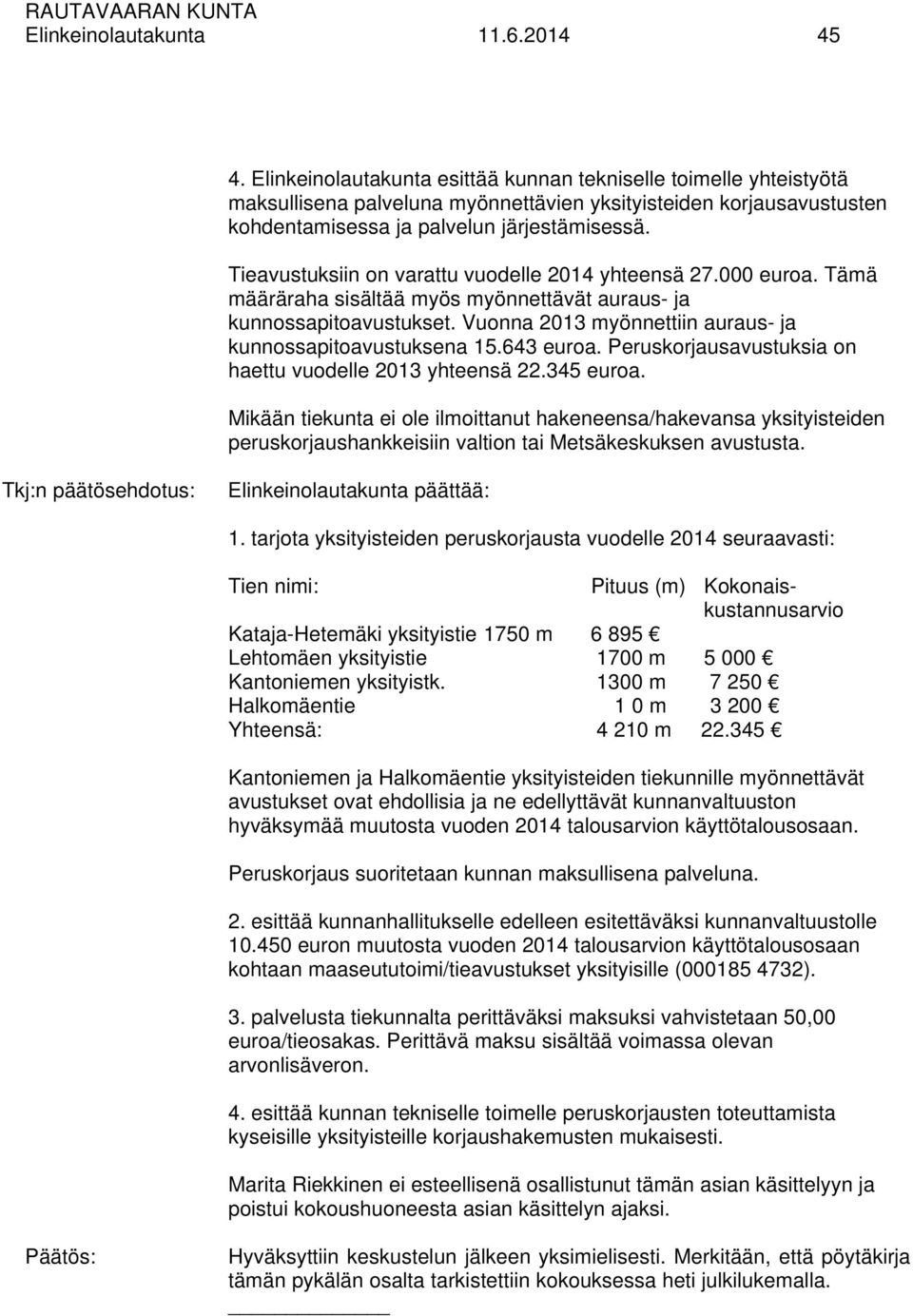 Tieavustuksiin on varattu vuodelle 2014 yhteensä 27.000 euroa. Tämä määräraha sisältää myös myönnettävät auraus- ja kunnossapitoavustukset.