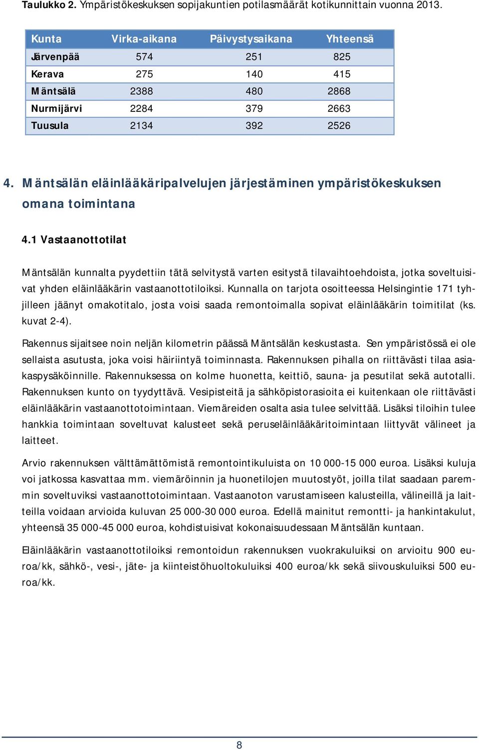 Mäntsälän eläinlääkäripalvelujen järjestäminen ympäristökeskuksen omana toimintana 4.