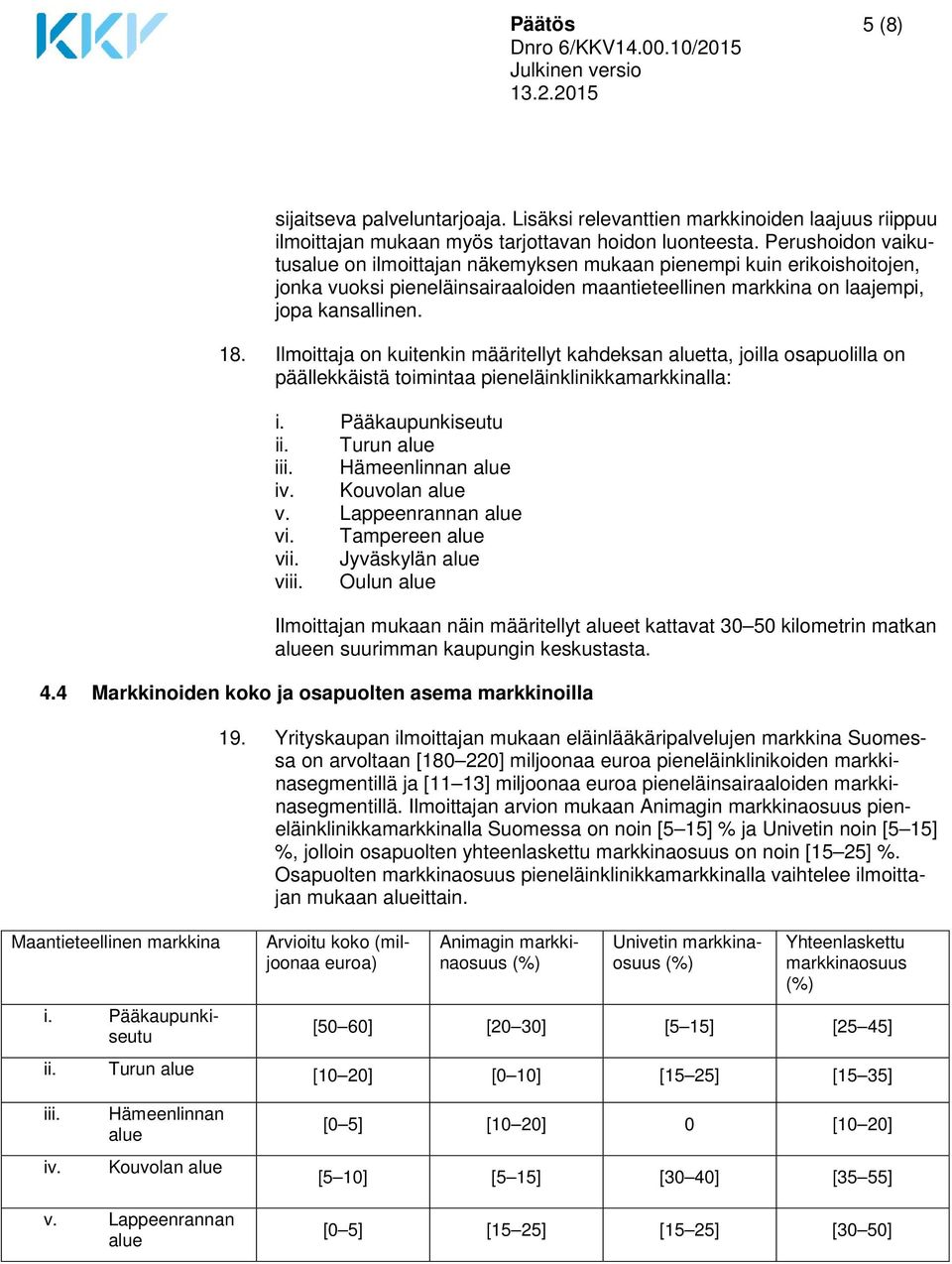 Ilmoittaja on kuitenkin määritellyt kahdeksan aluetta, joilla osapuolilla on päällekkäistä toimintaa pieneläinklinikkamarkkinalla: i. Pääkaupunkiseutu ii. Turun alue iii. Hämeenlinnan alue iv.