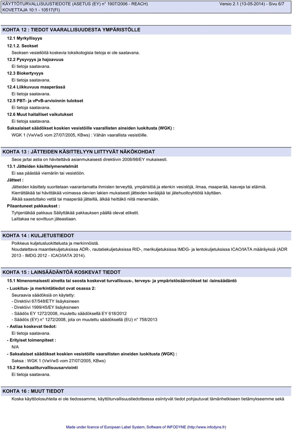 6 Muut haitalliset vaikutukset Saksalaiset säädökset koskien vesistöille vaarallisten aineiden luokitusta (WGK) : WGK 1 (VwVwS vom 27/07/2005, KBws) : Vähän vaarallista vesistöille.