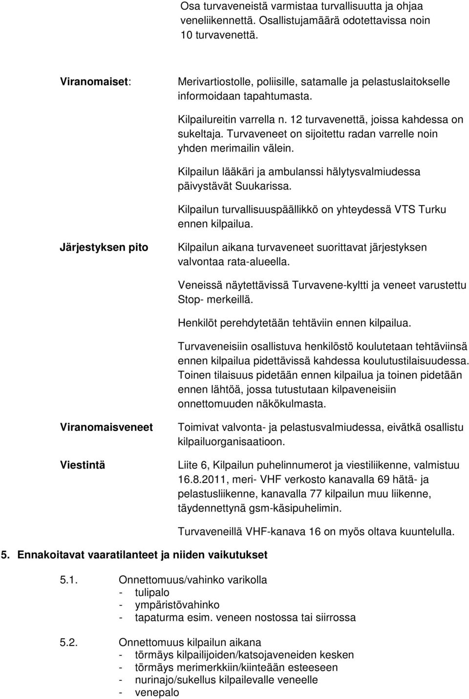 Turvaveneet on sijoitettu radan varrelle noin yhden merimailin välein. Kilpailun lääkäri ja ambulanssi hälytysvalmiudessa päivystävät Suukarissa.