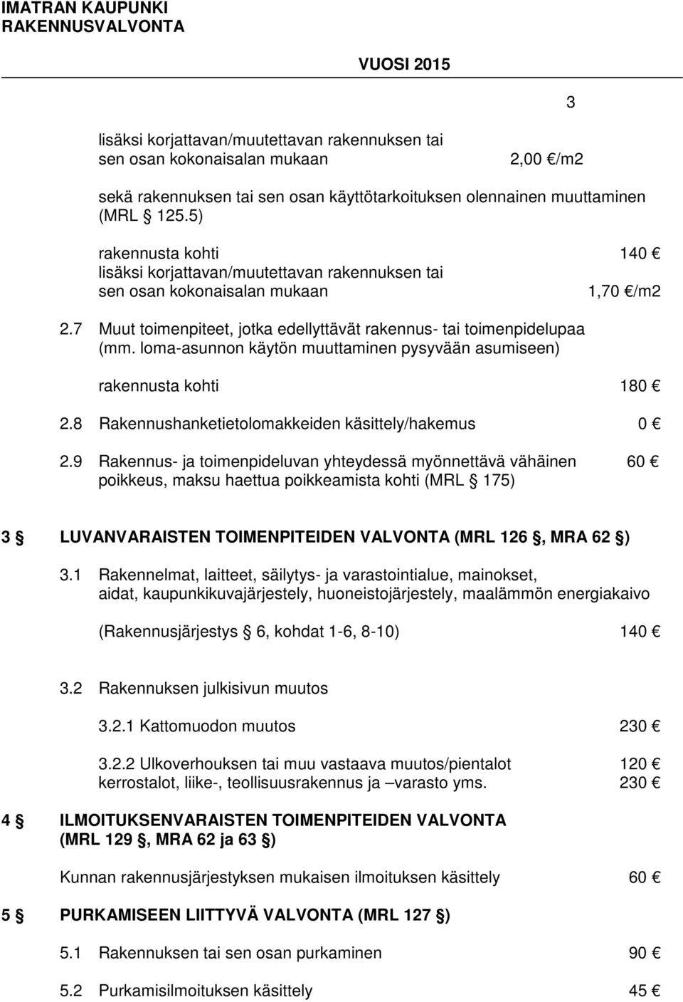 loma-asunnon käytön muuttaminen pysyvään asumiseen) rakennusta kohti 180 2.8 Rakennushanketietolomakkeiden käsittely/hakemus 0 2.
