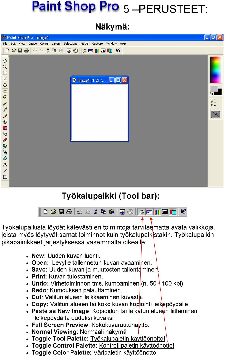 Print: Kuvan tulostaminen. Undo: Virhetoiminnon tms. kumoaminen (n. 50-100 kpl) Redo: Kumouksen palauttaminen. Cut: Valitun alueen leikkaaminen kuvasta.