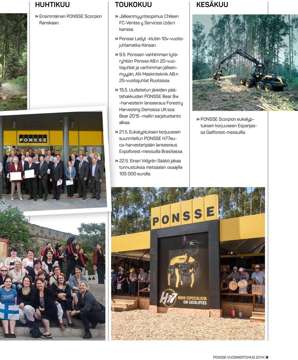 vuotisjuhlat Ruotsissa.» 15.5. Uudistetun järeiden päätehakkuiden PONSSE Bear 8w -harvesterin lanseeraus Forestry Harvesting Demossa UK:ssa. Bear 2015 -mallin sarjatuotanto alkaa.» 21.5. Eukalyptuksen korjuuseen suunnitellun PONSSE H77euca-harvesteripään lanseeraus Expoforest-messuilla Brasiliassa.
