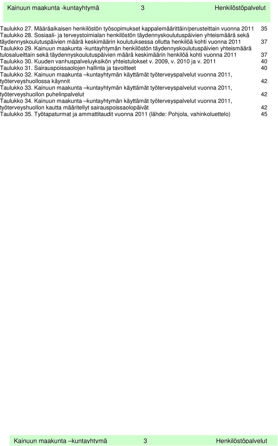 Kainuun maakunta -kuntayhtymän henkilöstön täydennyskoulutuspäivien yhteismäärä tulosalueittain sekä täydennyskoulutuspäivien määrä keskimäärin henkilöä kohti vuonna 2011 37 Taulukko 30.