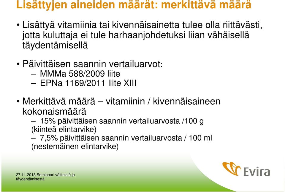 liite EPNa 1169/2011 liite XIII Merkittävä määrä vitamiinin / kivennäisaineen kokonaismäärä 15% päivittäisen saannin