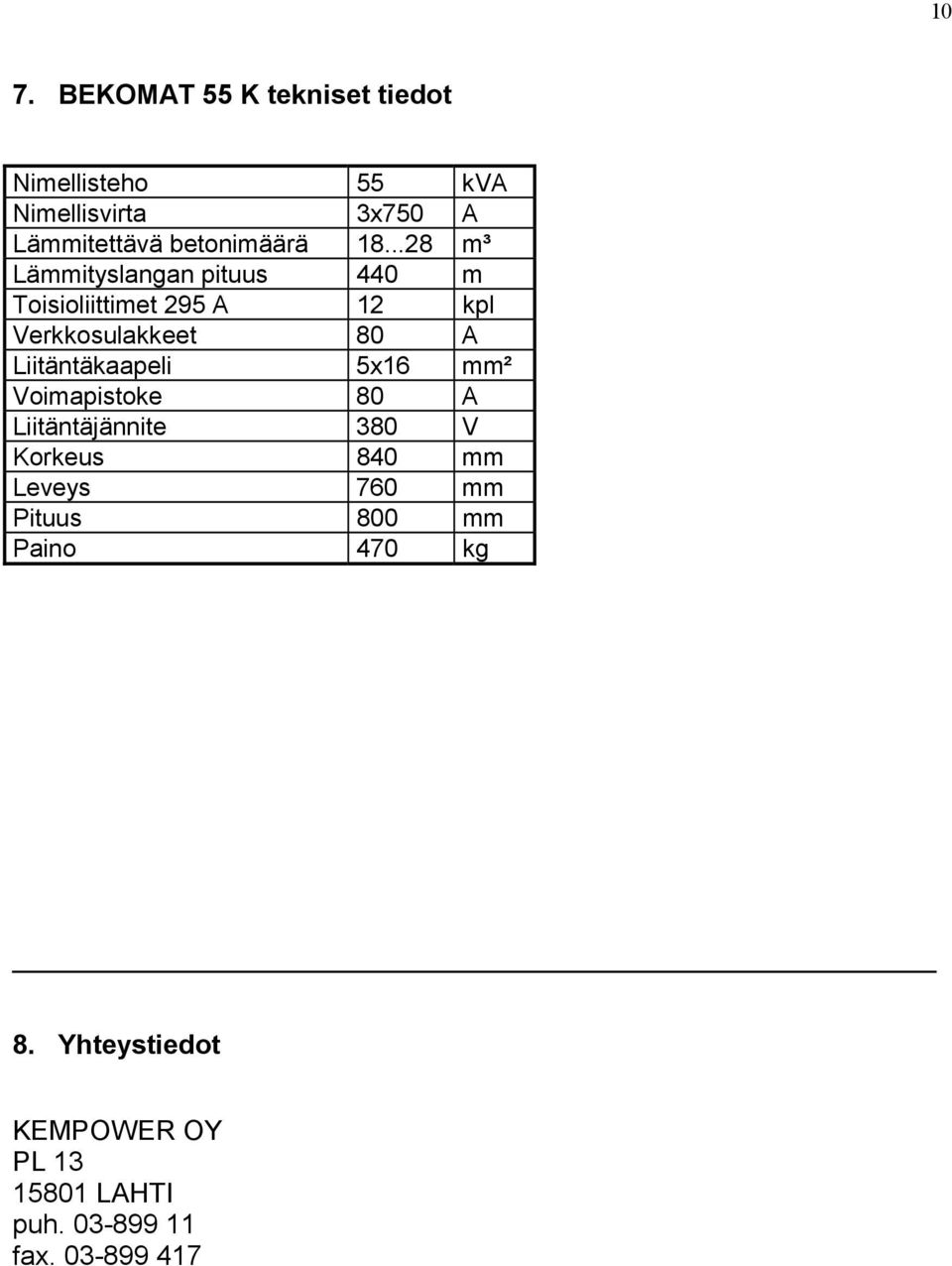 ..28 m³ Lämmityslangan pituus 440 m Toisioliittimet 295 12 kpl Verkkosulakkeet 80