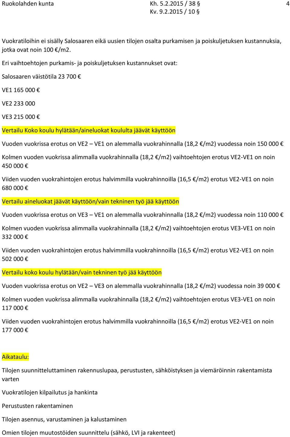 Vuoden vuokrissa erotus on VE2 VE1 on alemmalla vuokrahinnalla (18,2 /m2) vuodessa noin 150 000 Kolmen vuoden vuokrissa alimmalla vuokrahinnalla (18,2 /m2) vaihtoehtojen erotus VE2-VE1 on noin 450