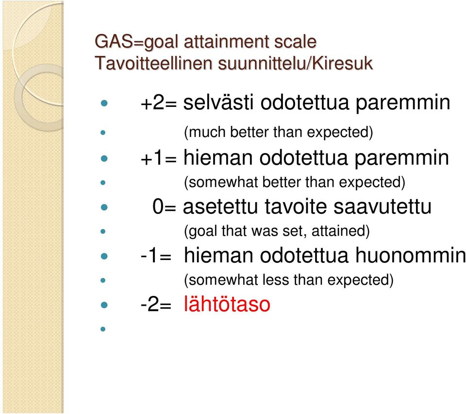 (somewhat better than expected) 0= asetettu tavoite saavutettu (goal that was