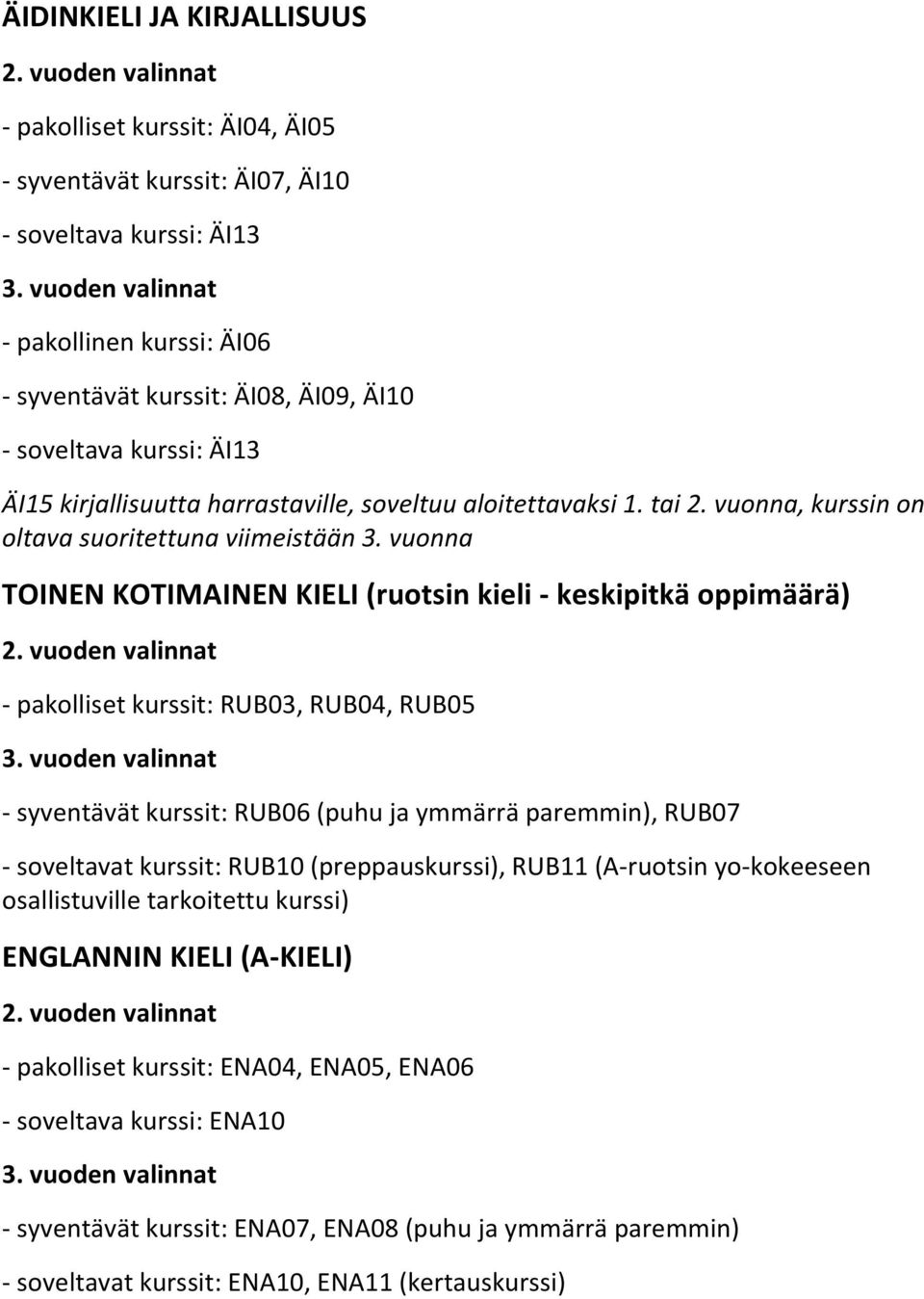 vuonna TOINEN KOTIMAINEN KIE (ruotsin kieli - keskipitkä oppimäärä) - pakolliset kurssit:,, - syventävät kurssit: (puhu ja ymmärrä paremmin), - soveltavat kurssit: