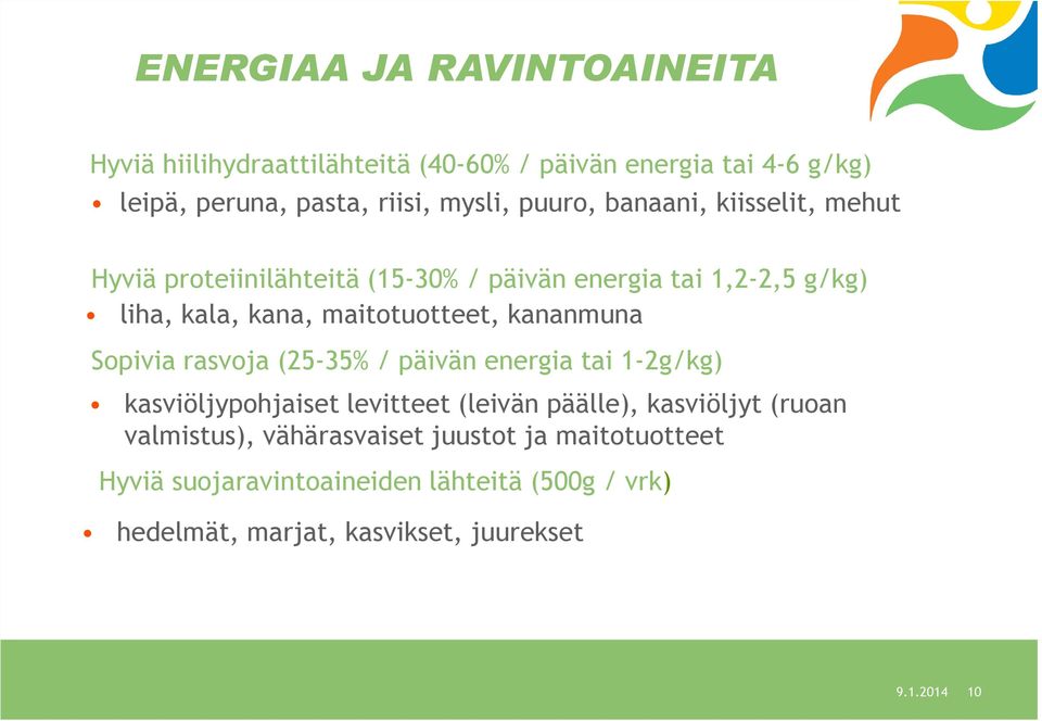 kananmuna Sopivia rasvoja (25-35% / päivän energia tai 1-2g/kg) kasviöljypohjaiset levitteet (leivän päälle), kasviöljyt (ruoan