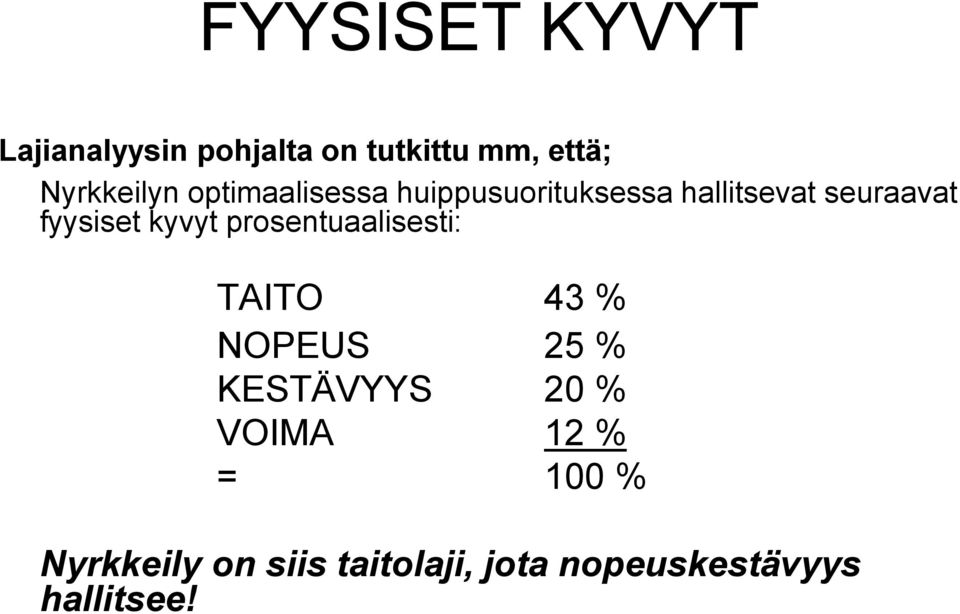 fyysiset kyvyt prosentuaalisesti: TAITO 43 % NOPEUS 25 % KESTÄVYYS 20