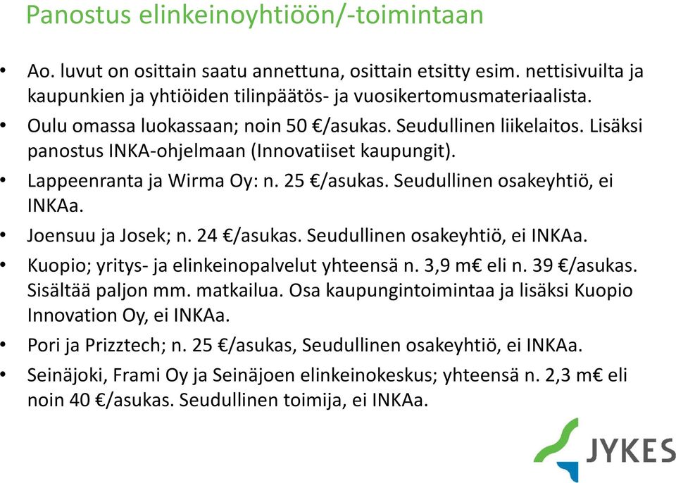Joensuu ja Josek; n. 24 /asukas. Seudullinen osakeyhtiö, ei INKAa. Kuopio; yritys- ja elinkeinopalvelut yhteensä n. 3,9 m eli n. 39 /asukas. Sisältää paljon mm. matkailua.