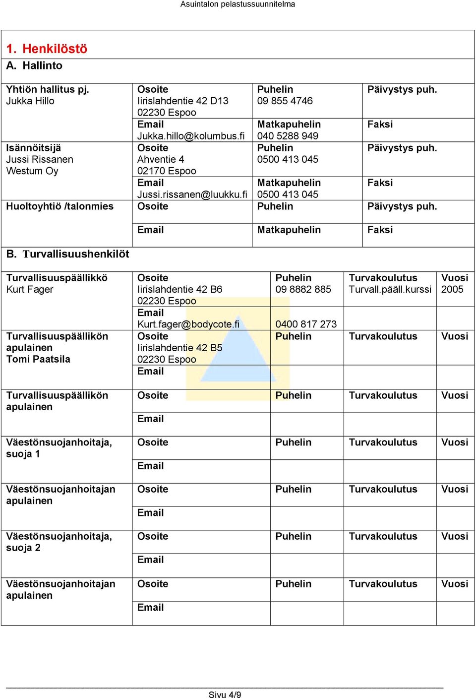 Turvallisuushenkilöt Matkapuhelin Faksi Turvallisuuspäällikkö Kurt Fager Turvallisuuspäällikön apulainen Tomi Paatsila Turvallisuuspäällikön apulainen Väestönsuojanhoitaja, suoja 1