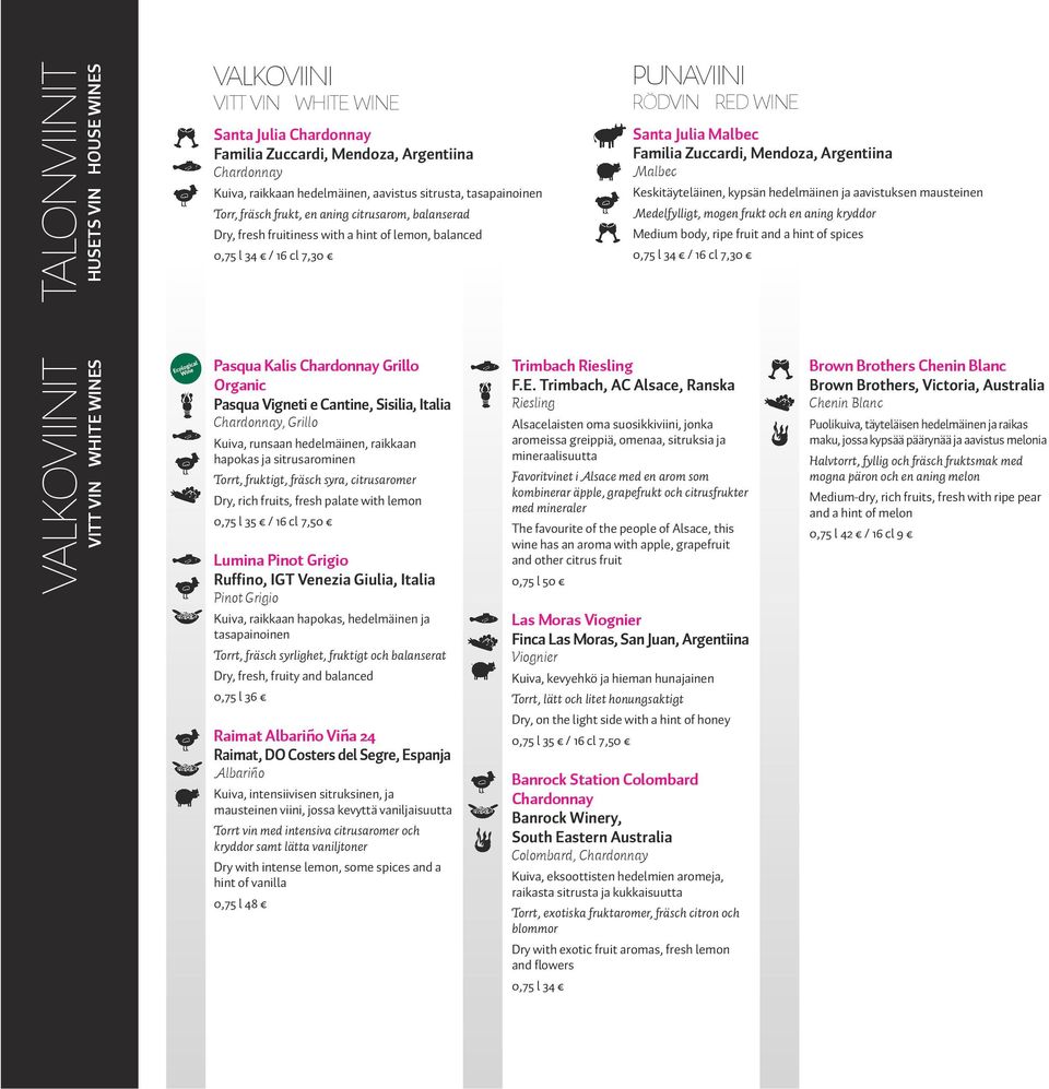 aavistuksen mausteinen Medelfylligt, mogen frukt och en aning kryddor Medium body, ripe fruit and a hint of spices 0,75 l 34 / 16 cl 7,30 VALKOVIINIT VITT VIN WHITE WINES Pasqua Kalis Chardonnay