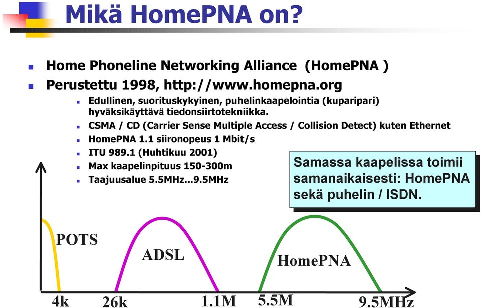 ! CSMA / CD (Carrier Sense Multiple Access / Collision Detect) kuten Ethernet! HomePNA 1.1 siironopeus 1 Mbit/s! ITU 989.