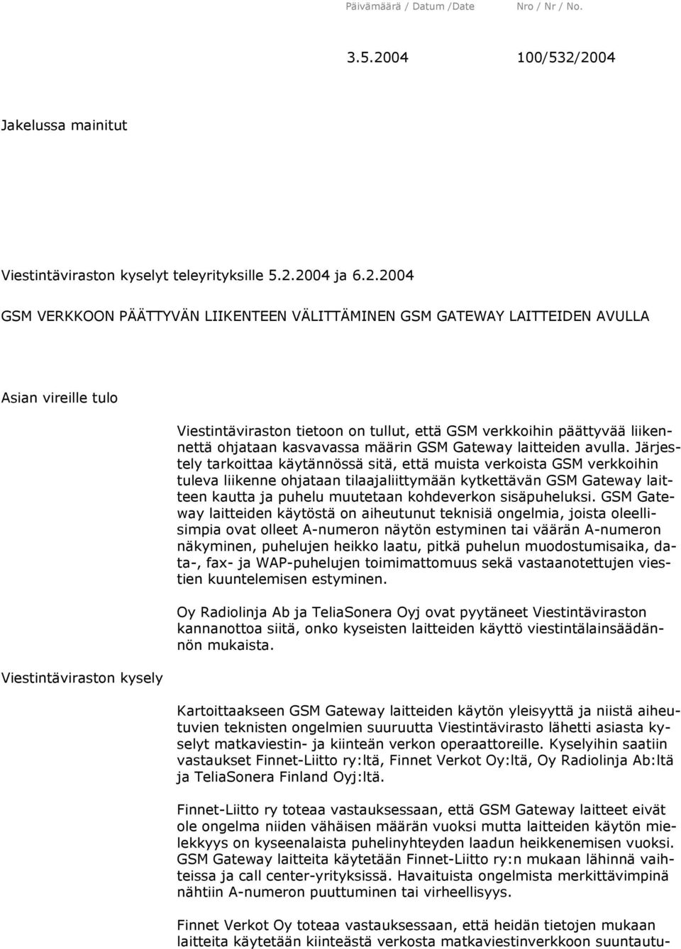 2004 Jakelussa mainitut Viestintäviraston kyselyt teleyrityksille 5.2.2004 ja 6.2.2004 GSM VERKKOON PÄÄTTYVÄN LIIKENTEEN VÄLITTÄMINEN GSM GATEWAY LAITTEIDEN AVULLA Asian vireille tulo