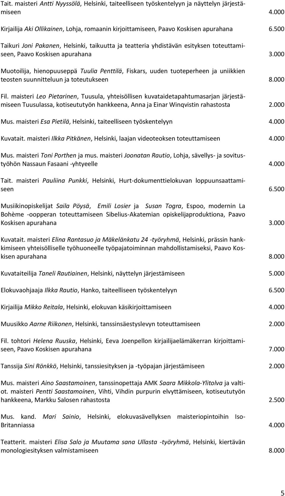 000 Muotoilija, hienopuuseppä Tuulia Penttilä, Fiskars, uuden tuoteperheen ja uniikkien teosten suunnitteluun ja toteutukseen 8.000 Fil.