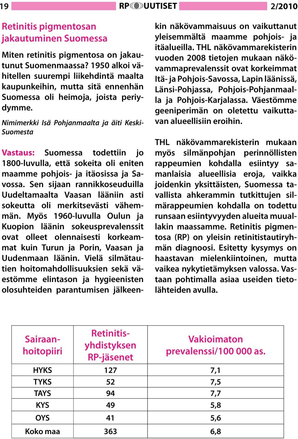 Nimimerkki Isä Pohjanmaalta ja äiti Keski- Suomesta Vastaus: Suomessa todettiin jo 1800-luvulla, että sokeita oli eniten maamme pohjois- ja itäosissa ja Savossa.